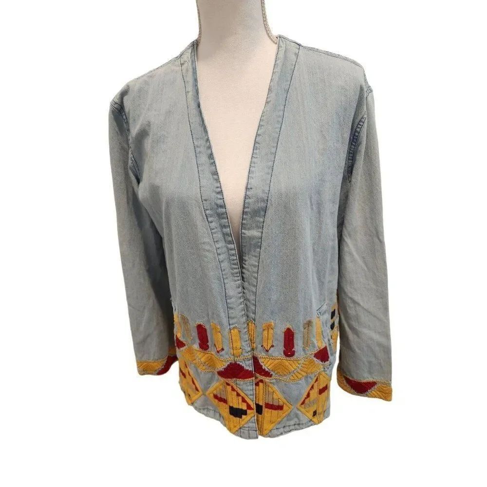 Emory Park Blue Demin Open Jacket Blazer S Egyptian Boho Feathers